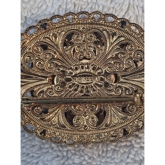 West Germany Hematite Glass Rhinestone and Pearls Gold Filigree Vintage Pendant - Picture 7 of 15